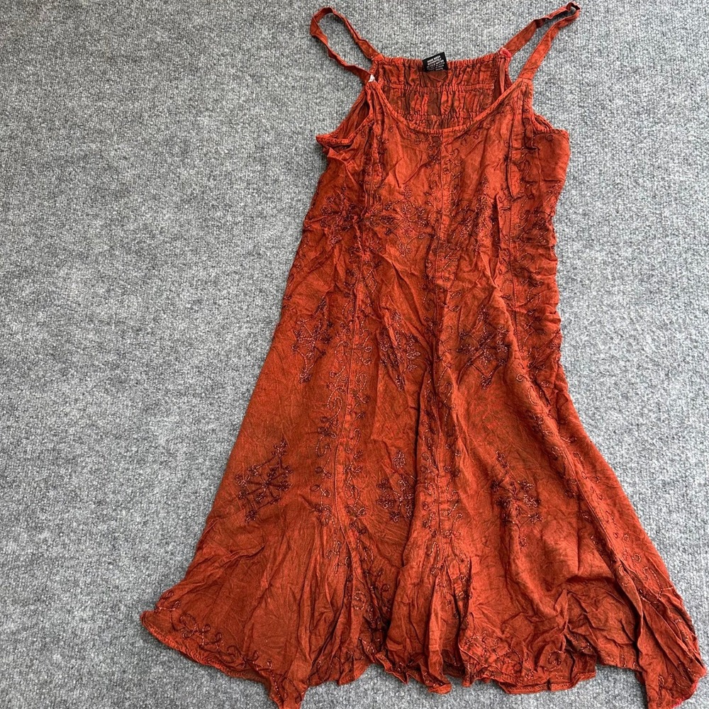 My Choice Dress Womens Size L Burnt Orange Embroidered Boho Handkerchief Rayon